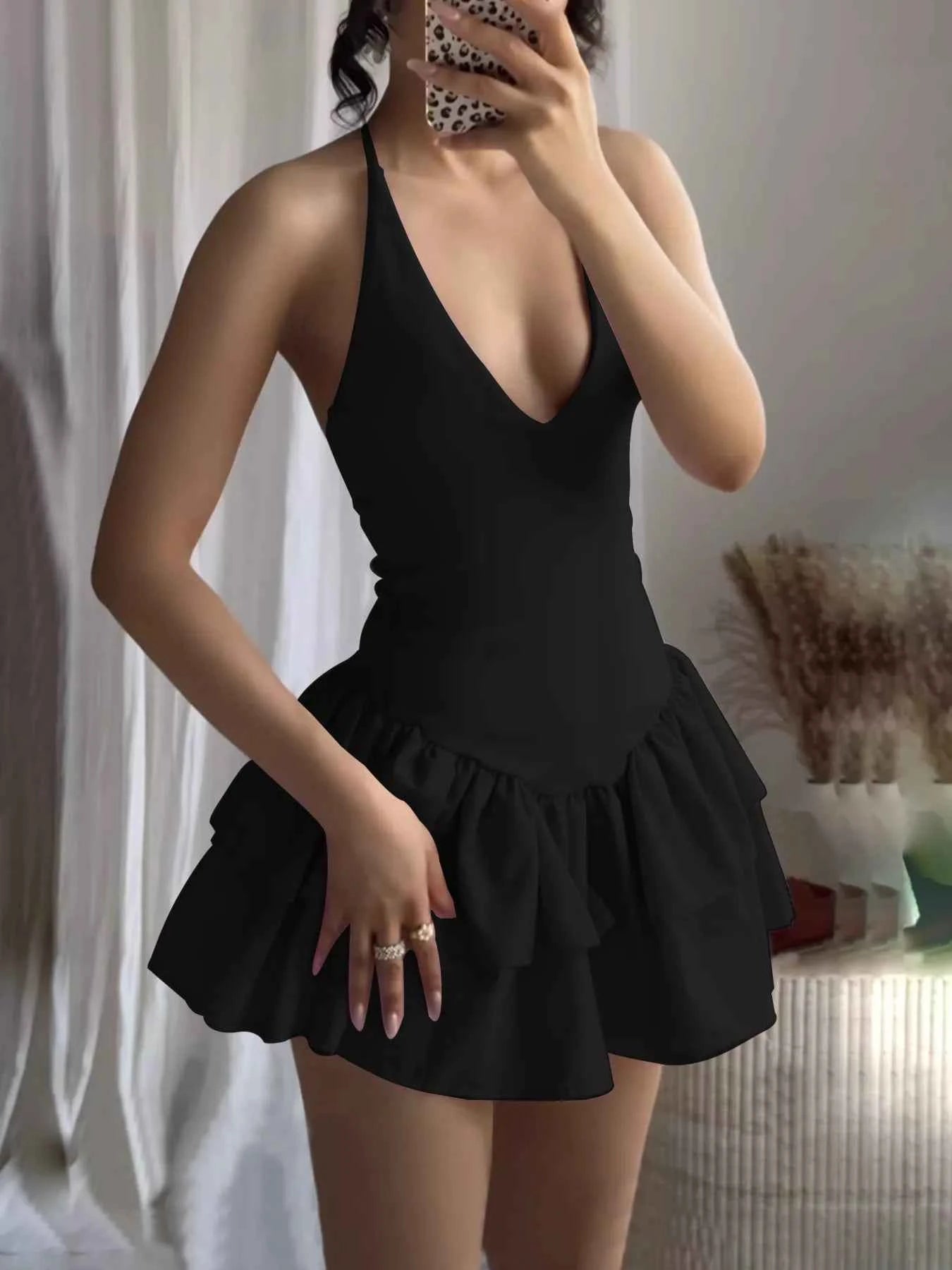 Crisscross Layered Ruffle Hem Mini Dress