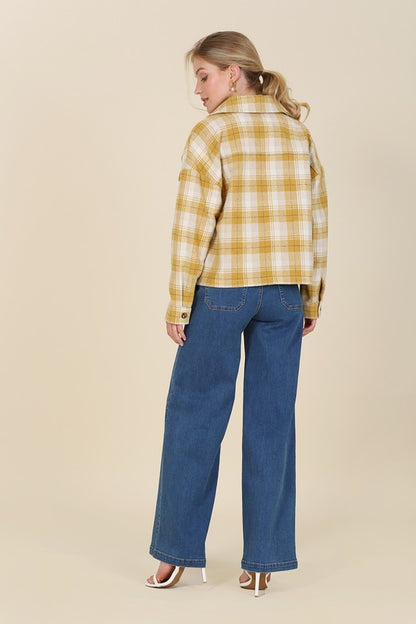 Plaid Cropped Drop Shoulder Shacket with Pockets