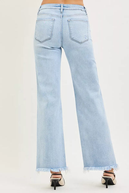 RISEN Ankle Straight Jeans - Tummy Control Mid Rise Fray Hem - Fashions Envy