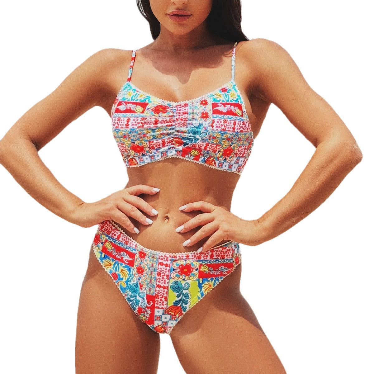 Patchwork Bikini - High-Waisted Bohemian Print - Fashions Envy