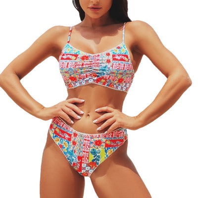 Patchwork Bikini - High-Waisted Bohemian Print - Fashions Envy