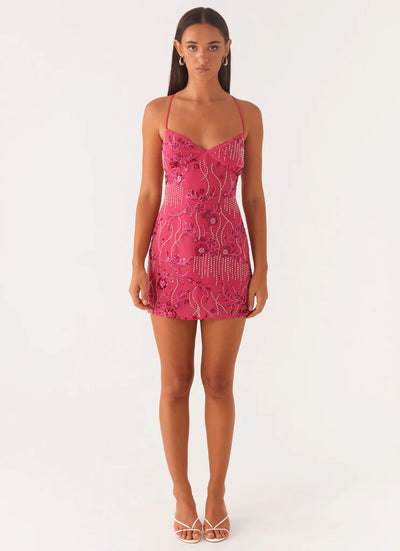 Sequined Mini Dress - Embroidered Backless Sling Party Dress