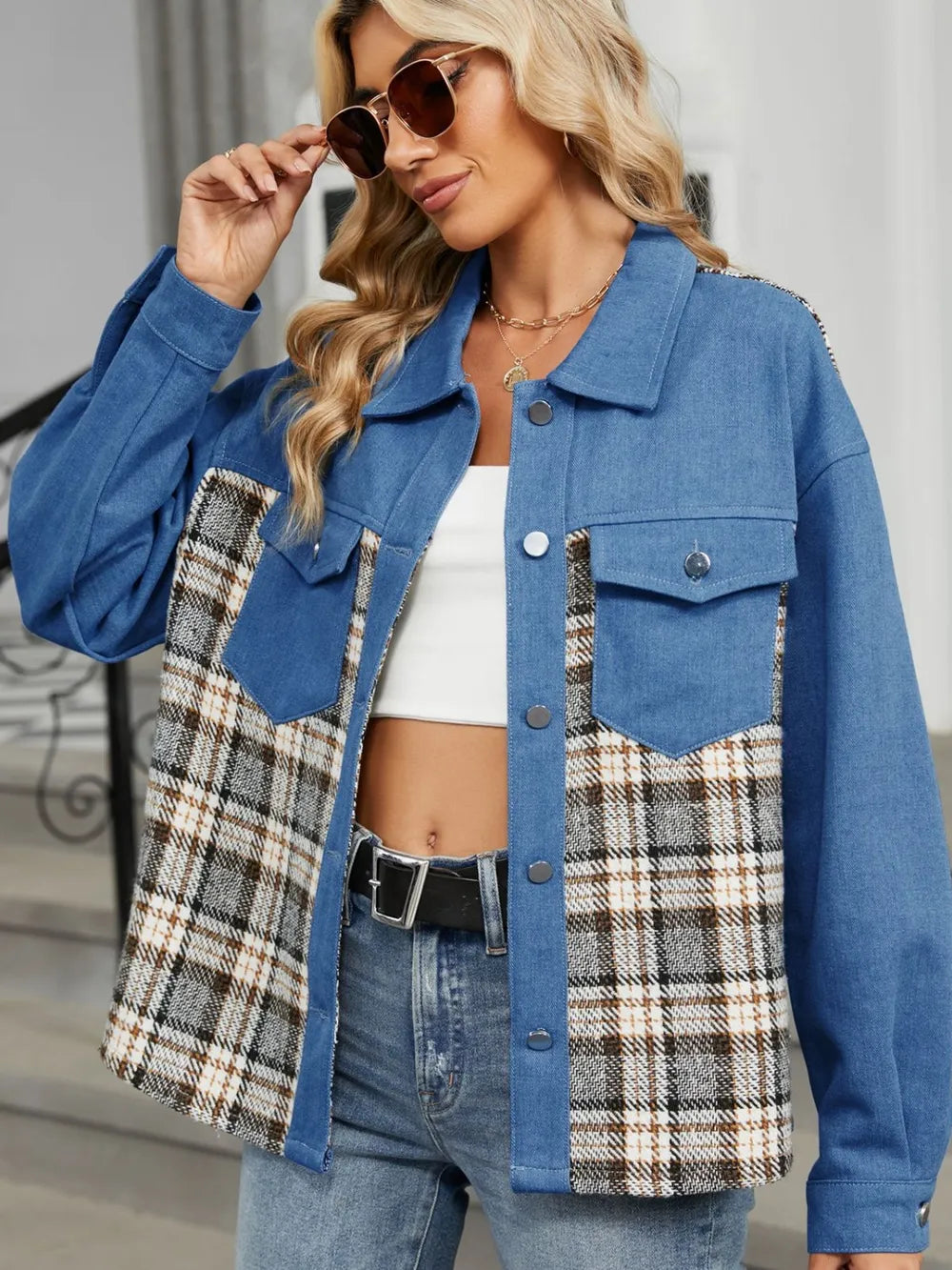 Plaid Denim Jacket - Button-Up Long Sleeve Outerwear - Fashions Envy