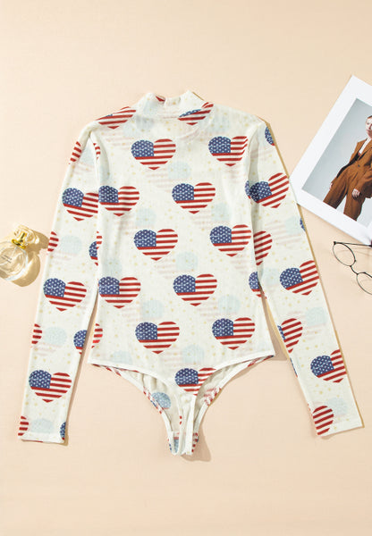 US Flag Heart Mock Neck Long Sleeve Bodysuit