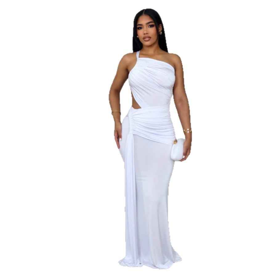 One Shoulder Cutout Maxi Dress - Pleated Bodycon Fit