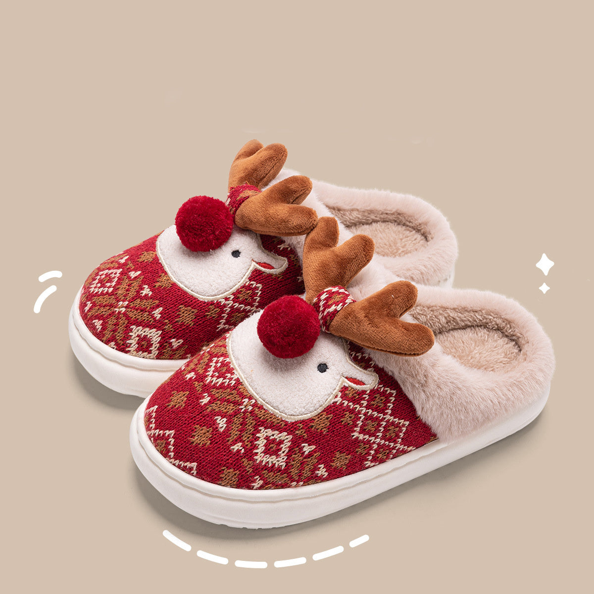 Christmas Reindeer Slippers - Cozy Plush Winter House Shoes