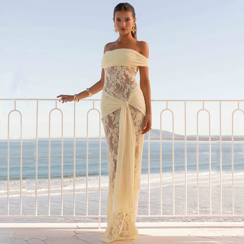 Sheer Mesh and Lace Maxi Dress - Sleeveless Off-Shoulder