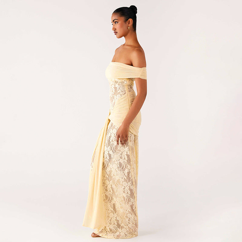 Sheer Mesh and Lace Maxi Dress - Sleeveless Off-Shoulder