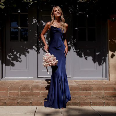 Satin Evening Dress - Backless Halter Maxi - Fashions Envy