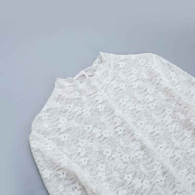 Lace See-Through Mini Dress - Long Sleeve V-Neck Apricot