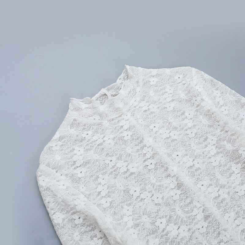 Lace See-Through Mini Dress - Long Sleeve V-Neck Apricot