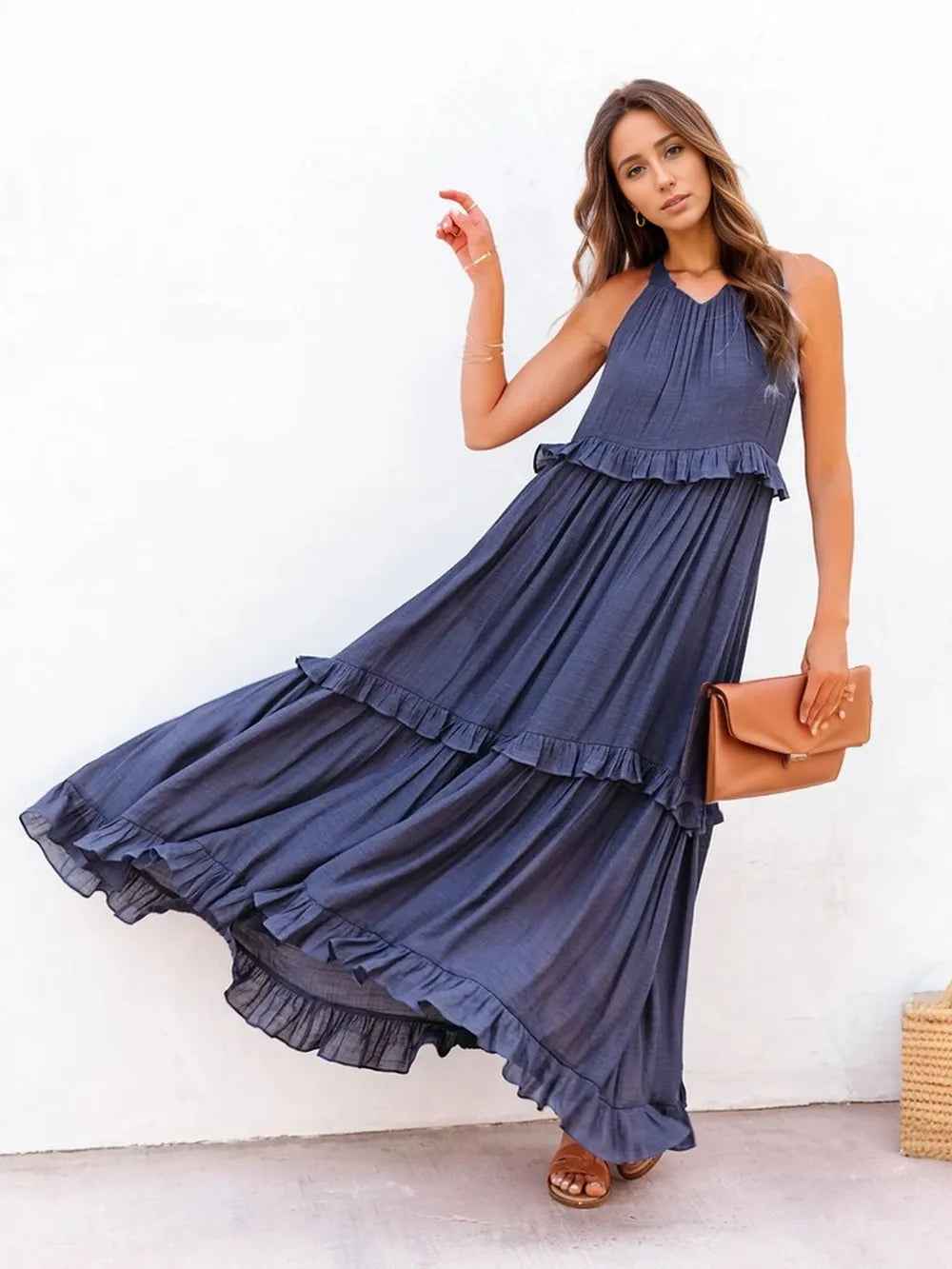 Smocked Tiered Ruffle Maxi Dress - Sleeveless with Pockets
