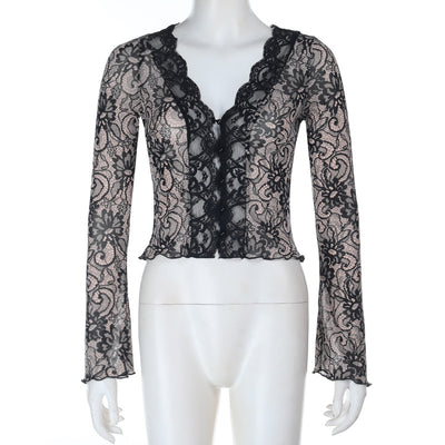 Deep V-Neck Lace Top - Black Long Sleeve Slim Fit - Fashions Envy