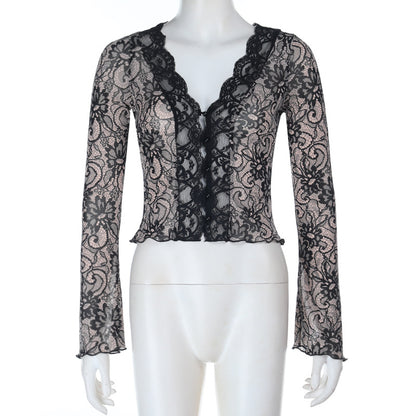 Deep V-Neck Lace Top - Black Long Sleeve Slim Fit - Fashions Envy