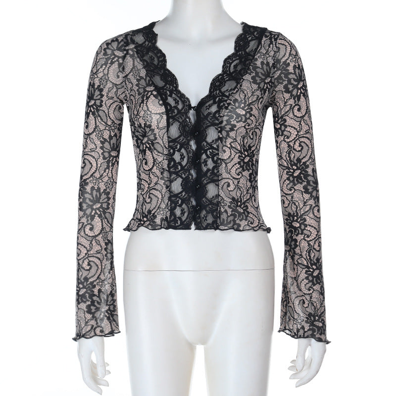 Deep V-Neck Lace Top - Black Long Sleeve Slim Fit - Fashions Envy