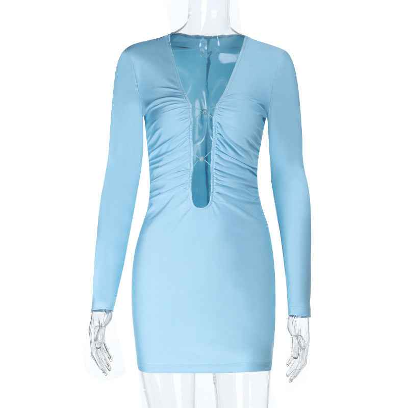 Deep V-neck Mini Dress - Hip Hugging Long Sleeve
