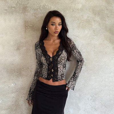 Deep V-Neck Lace Top - Black Long Sleeve Slim Fit - Fashions Envy