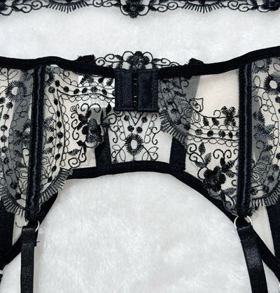 Floral Embroidery Mesh Lingerie Set - Sheer Patchwork - Fashions Envy