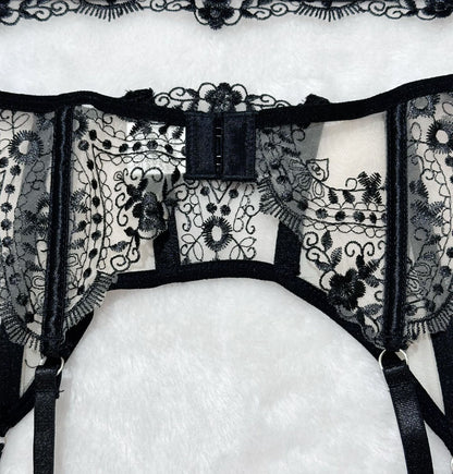 Floral Embroidery Mesh Lingerie Set - Sheer Patchwork - Fashions Envy