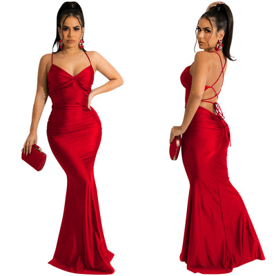 Spaghetti Strap Backless Maxi Dress - Tie Up Bodycon Satin