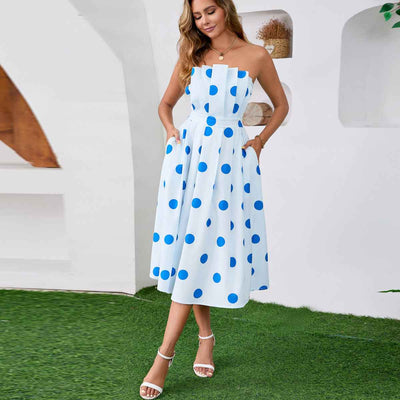Polka Dot Midi Dress - Light Blue Strapless Tube Backless Pockets