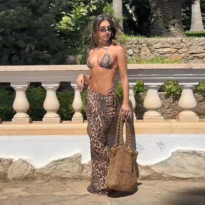 Vacation Style Leopard Bikini Set -  Maxi Skirt Cover-Up