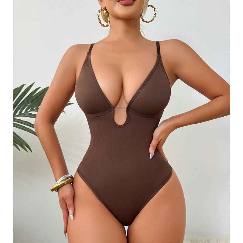 Deep V-Neck Thong Bodysuit - Tummy Control Shapewear