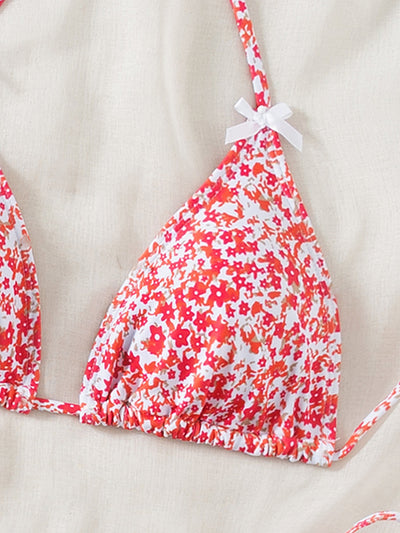 Floral Triangle Bikini - Lace Up Front Tie Bottoms Set