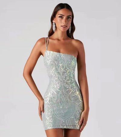 Beaded One-Shoulder Mini Dress - Fitted Party Style