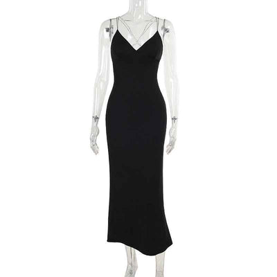 Black Deep V Backless Maxi Dress - Strap High Waist