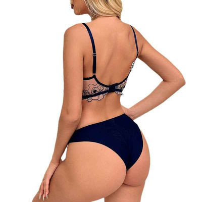 Embroidered Lingerie Set - Blue Sheer Mesh Floral Three Piece