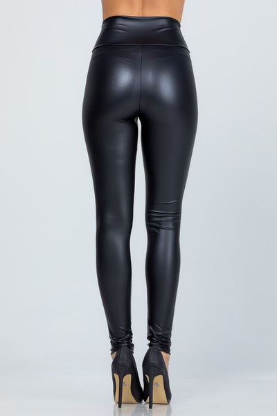 Black High Waist PU Casual Stretch Leather Leggings - Fashions Envy