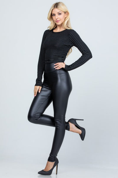 Black High Waist PU Casual Stretch Leather Leggings - Fashions Envy