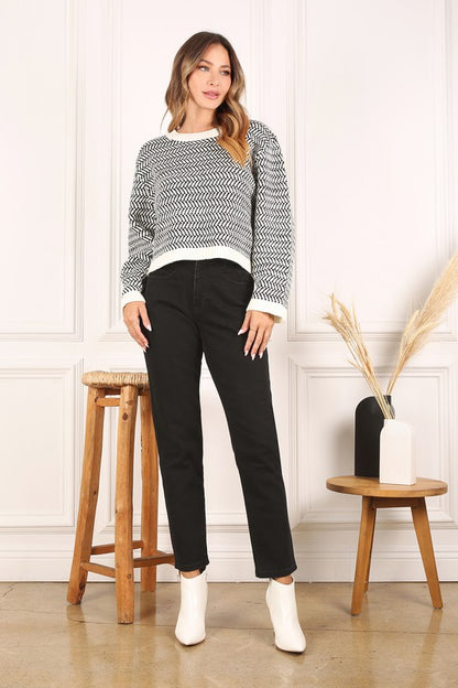 Herringbone Pattern Crew Neck Long Sleeve Sweater