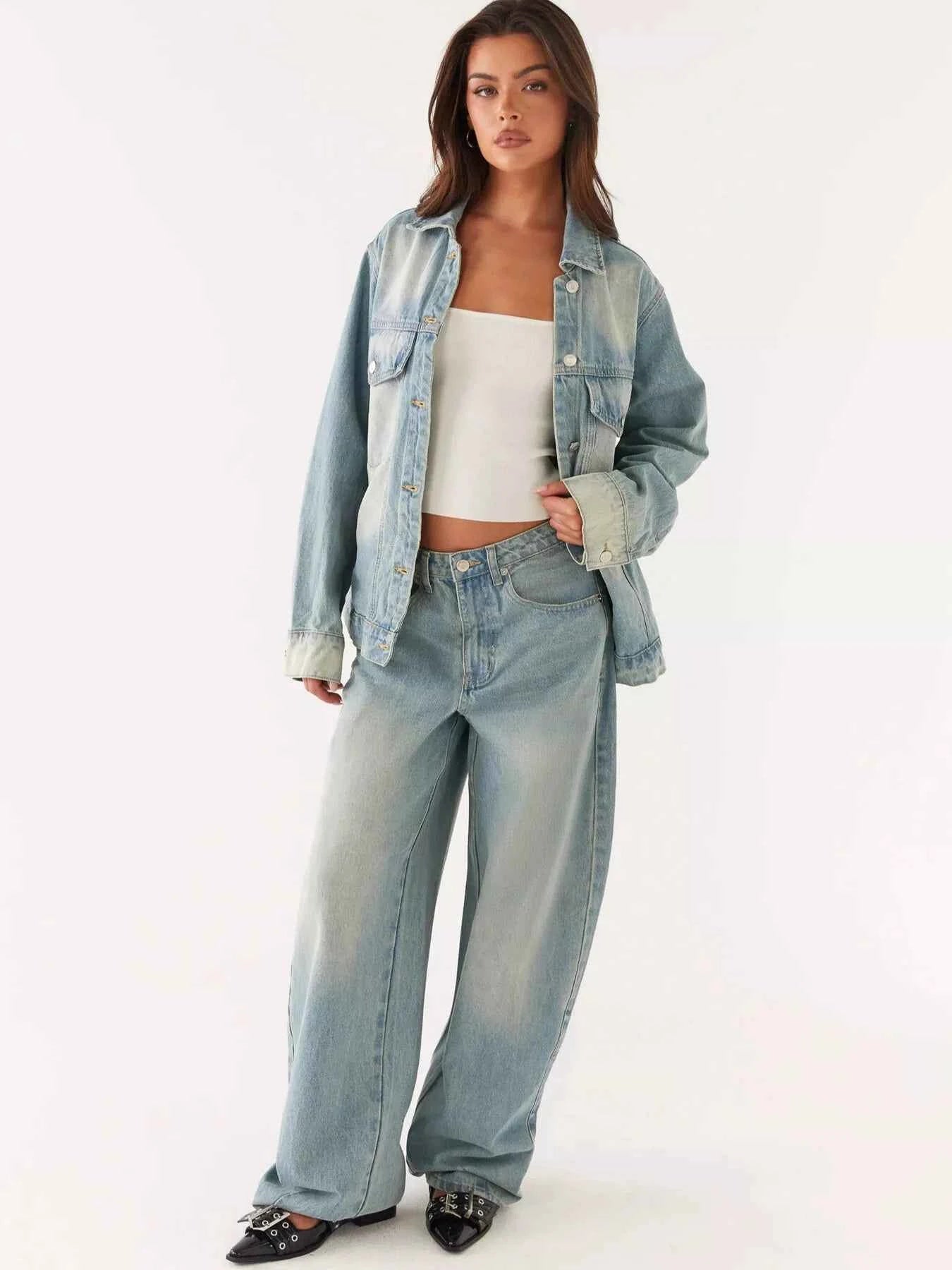 Button Up Denim Jacket and Jeans Set