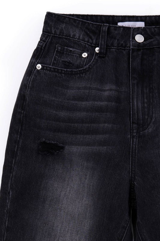 Black No Stretch Distressed Straight Jeans