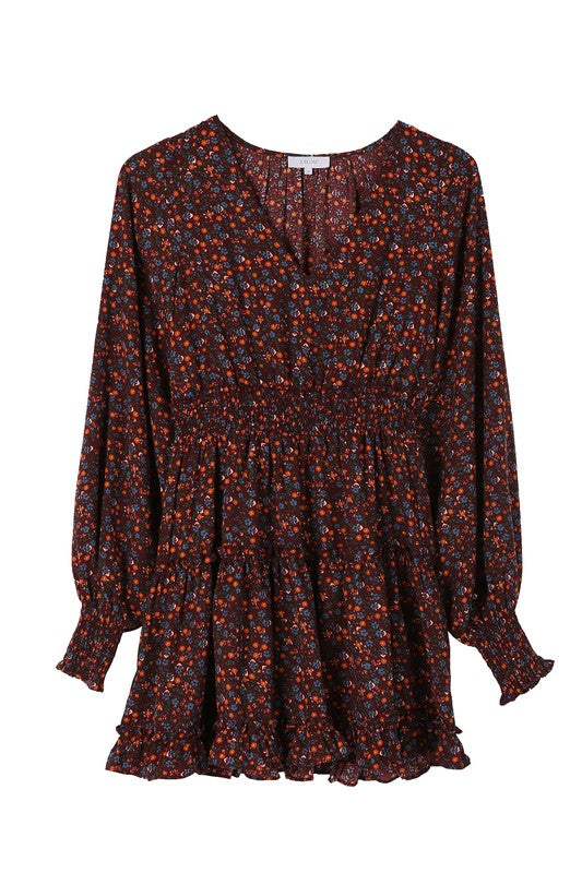 Ditsy Floral V-Neck Long Sleeve Mini Dress