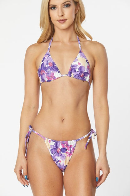 Floral Print Halter Neck Adjustable Straps Bikini Swimsuit