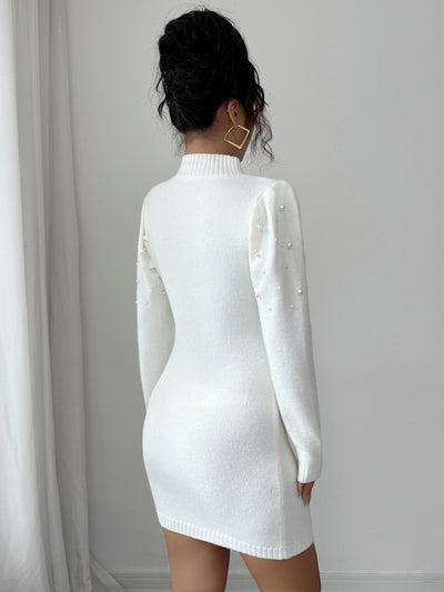 Pearl Sweater Dress - Turtleneck Long Sleeve Embellished