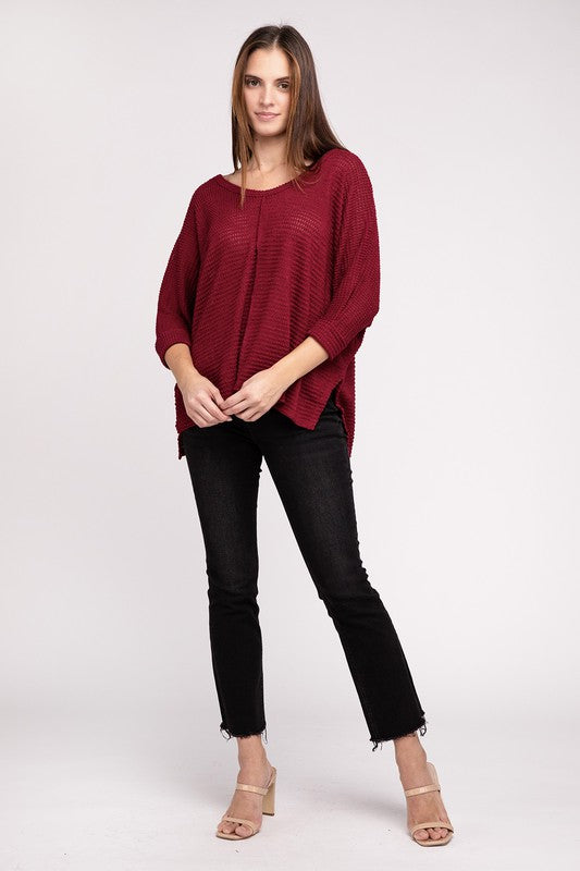 V-Neck 3/4 Sleeve Hi-Low Hem Jacquard Sweater