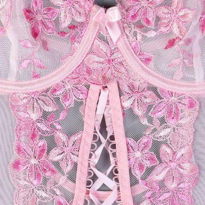 Embroidered Corset Garter Set - 3PC Lace-Up Lingerie