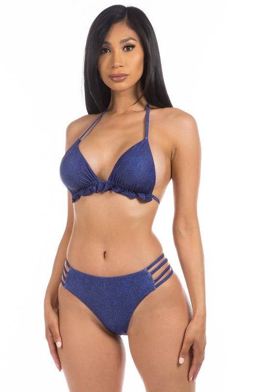 Denim Ruched Self Tie Halter Multi Strap Bikini Swimsuit