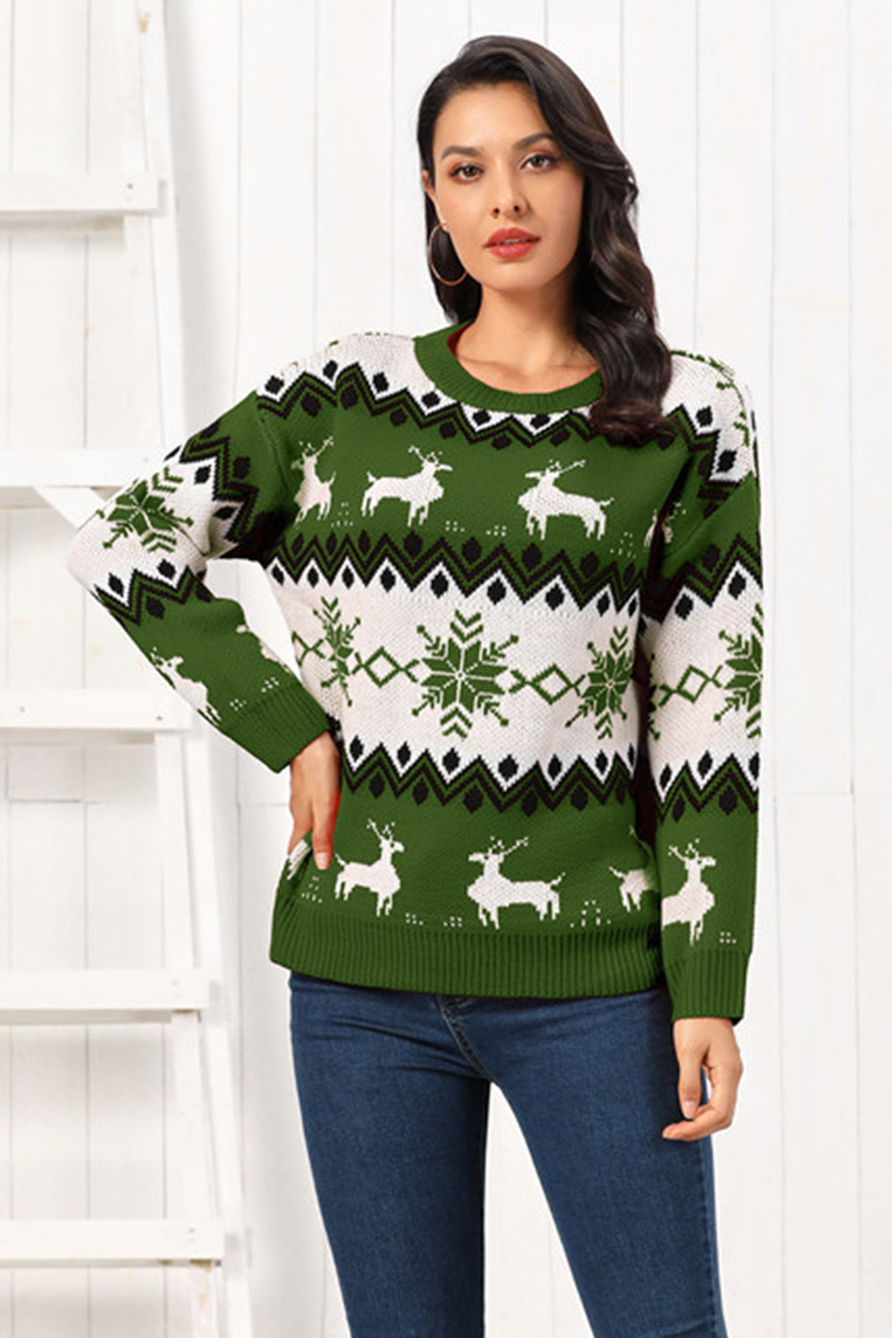 Reindeer Round Neck Sweater - Fashions Envy