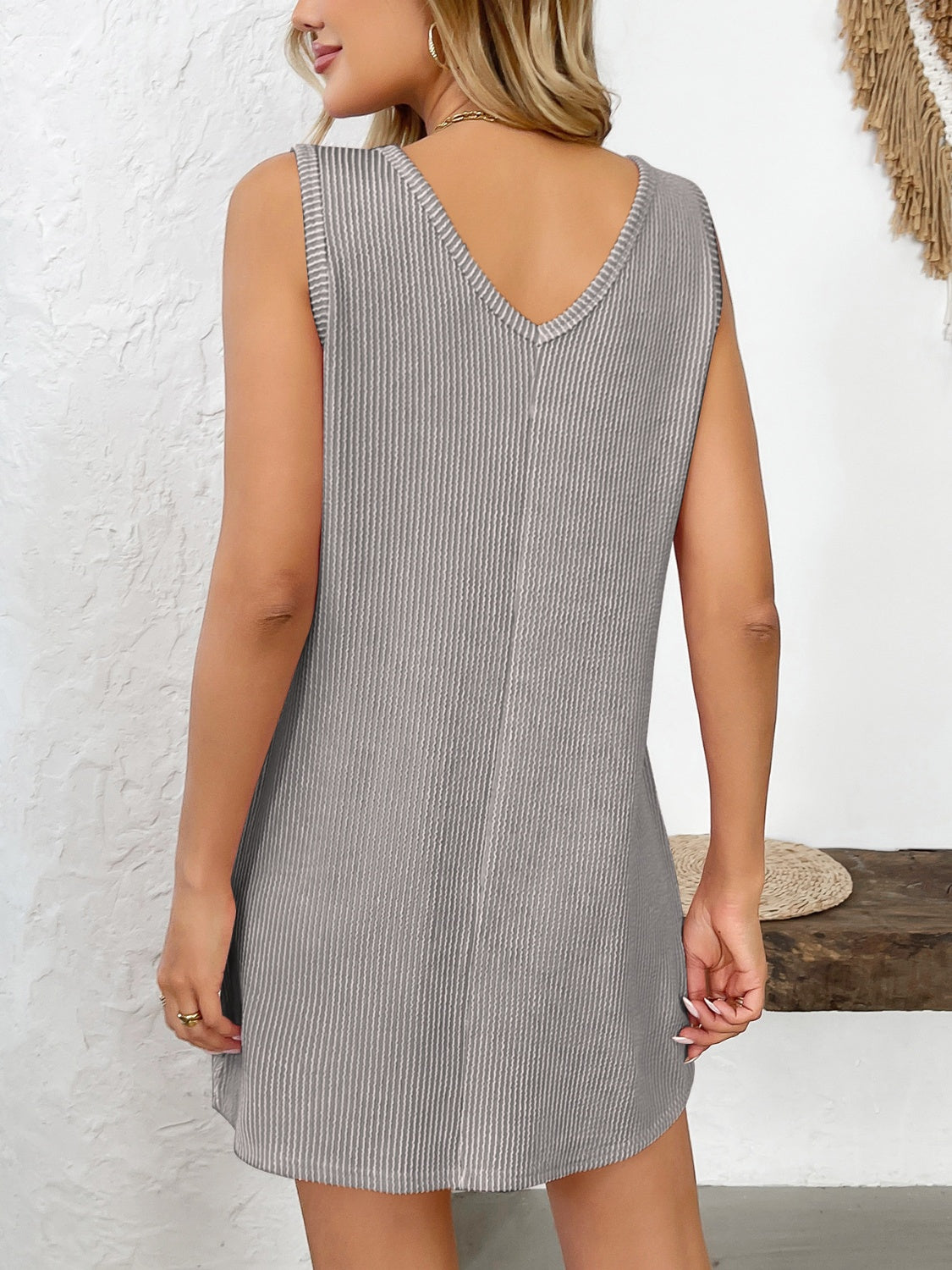 Texture Pocketed V-Neck Tank Mini Dress