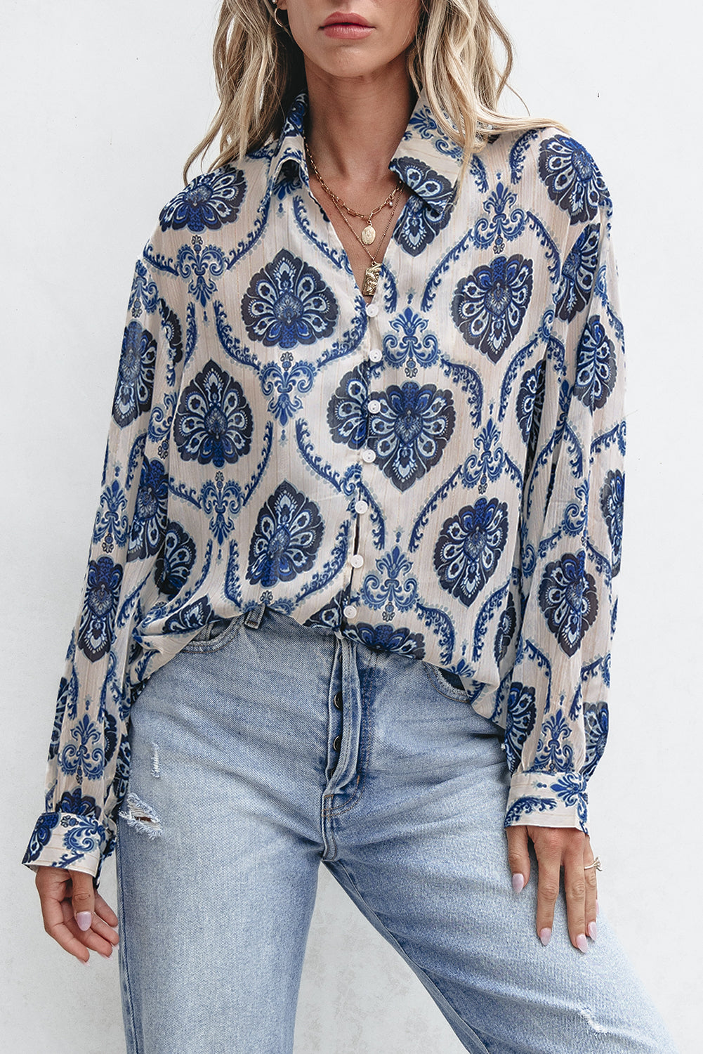 Blue Tribal Pattern Buttoned Front Loose Shirt