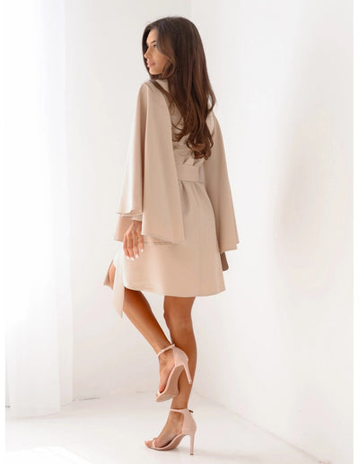 Autumn Mini Dress - Flared Sleeve Lace-Up Round Neck - Fashions Envy