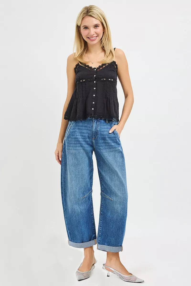 RISEN Barrel Jeans - Slouchy Cropped Cuffed Hem - Fashions Envy