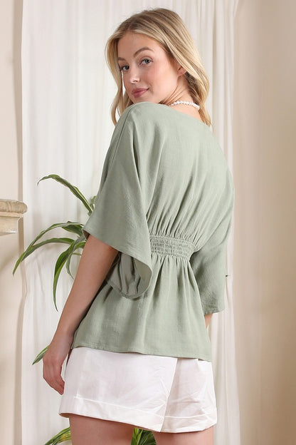 Draped Sleeve V-Neck Button Down Blouse