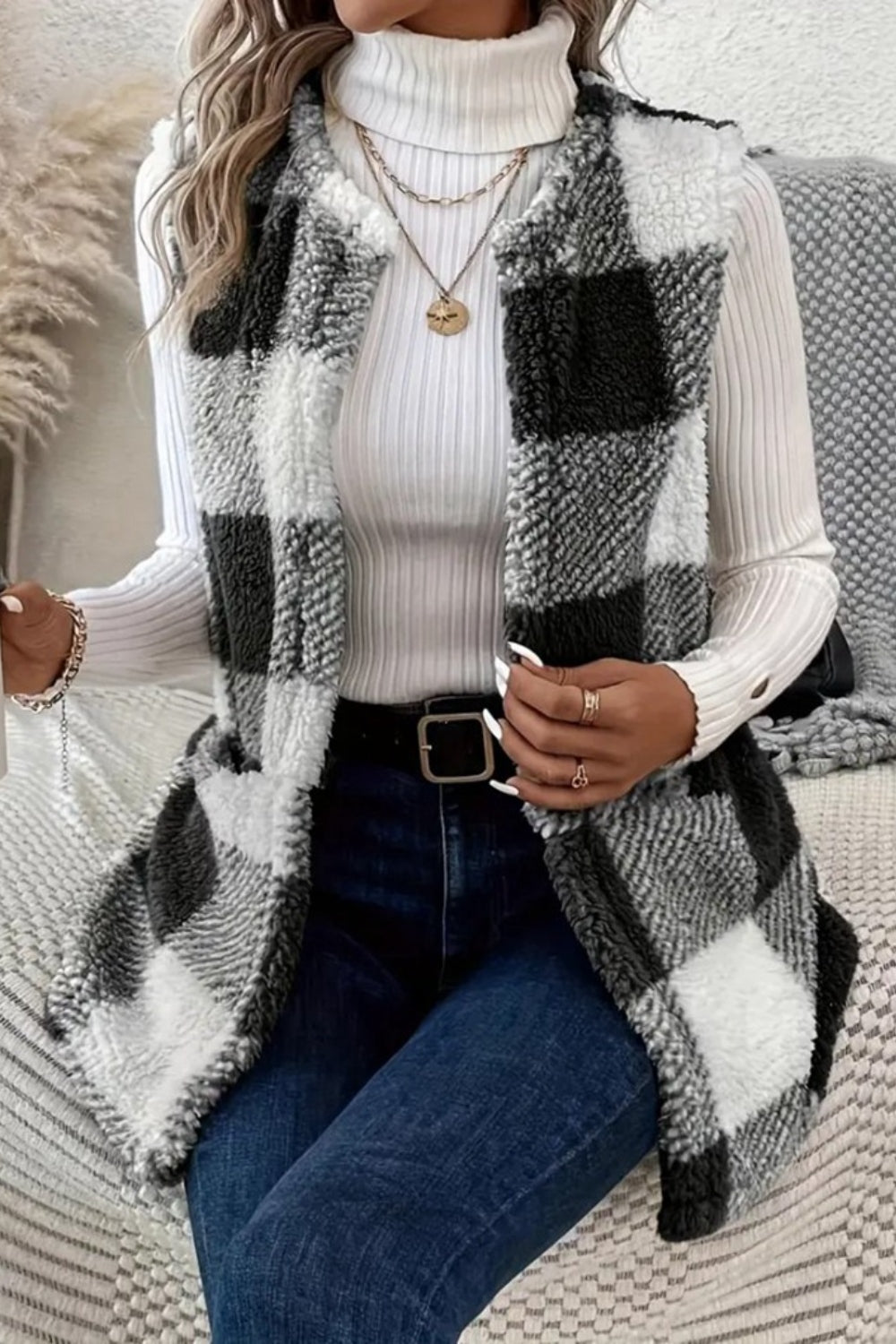 Sherpa Plaid Open Front Vest Coat - Fashions Envy