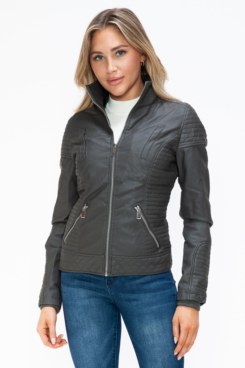 Charcoal Faux Layered Double-Zipper Jacket with Fuzzy Hood